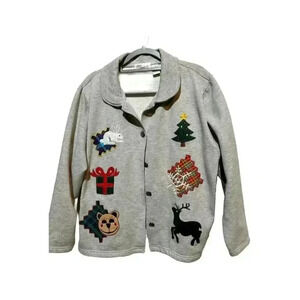 Laura Daniels Women's 1X Gray Embroidered Novelty Christmas  Button Jacket